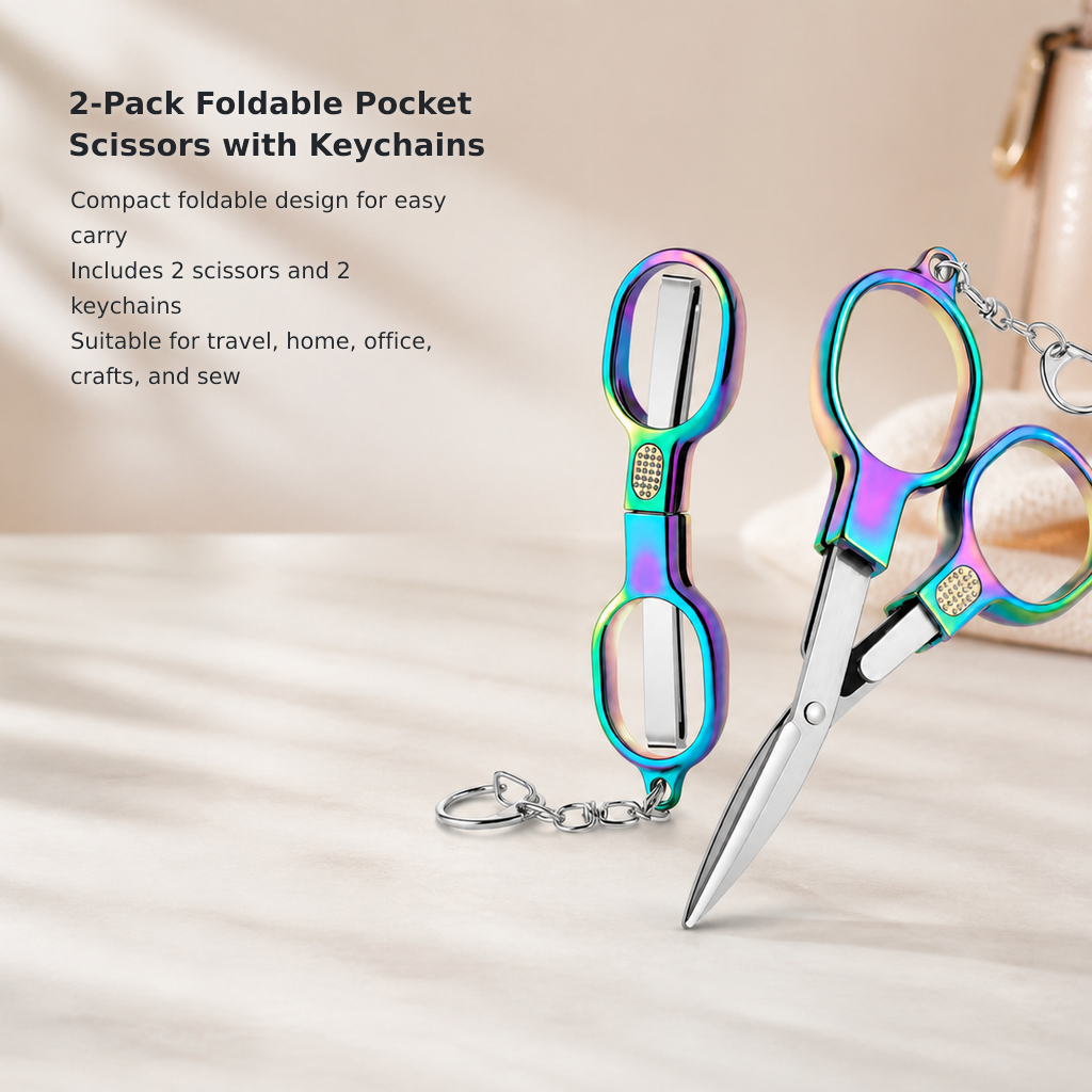 2-Piece Mini Folding Stainless Steel Scissors with Keychains